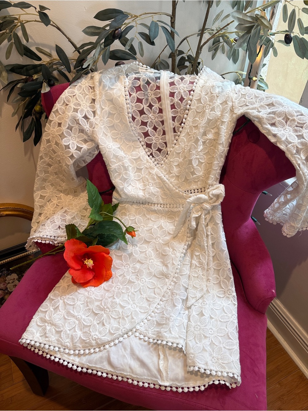 White Floral Lace Wrap Dress - Women’s - Picture 4 of 13